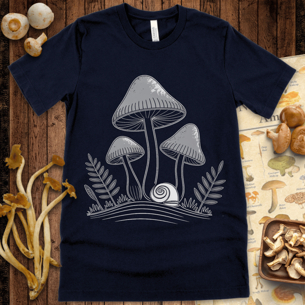 Minimalist line art of tall mushrooms, leafy ferns, and a snail in a serene forest scene with black and white sketch style