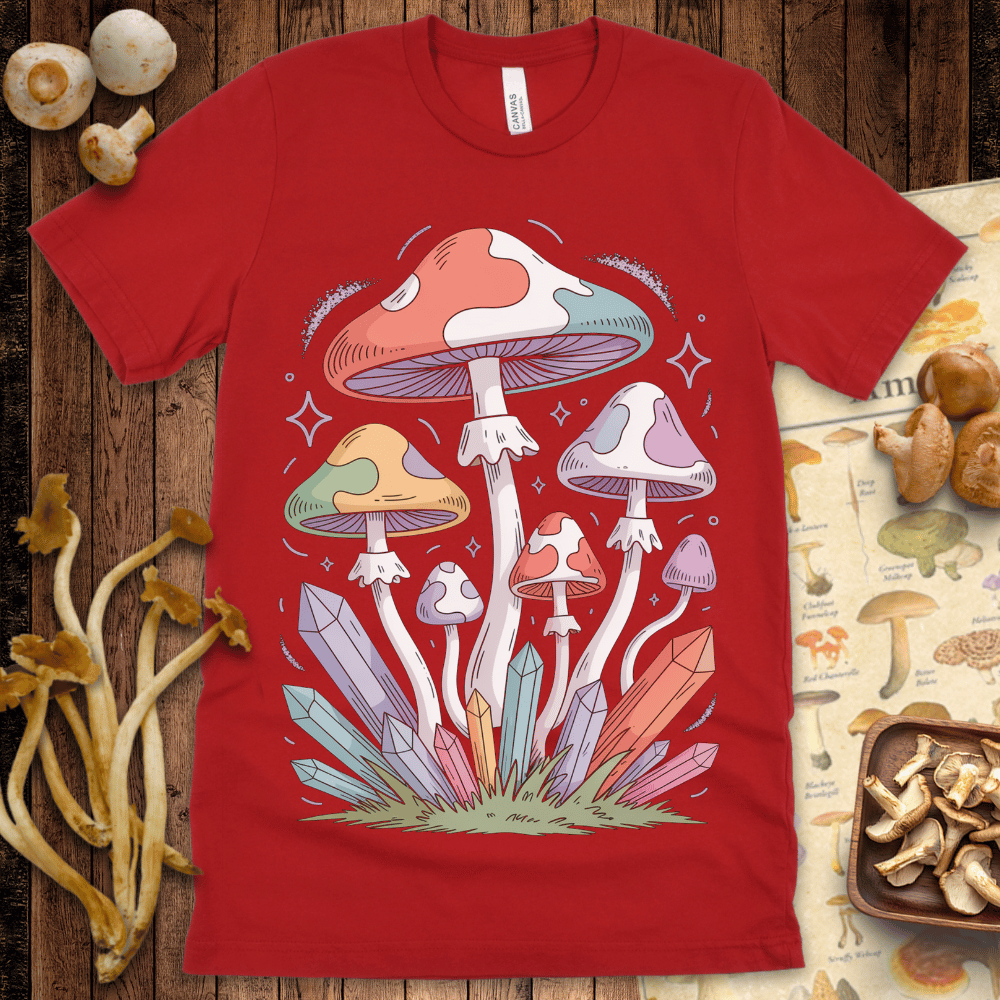 Pastel-colored mushrooms growing from a bed of rainbow crystals with sparkles in a cosmic fantasy style