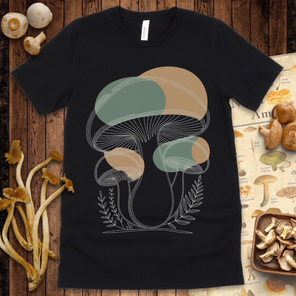 Intricate abstract line-art mushrooms with green and ochre geometric overlays, framed by botanical leaves on a distressed black background