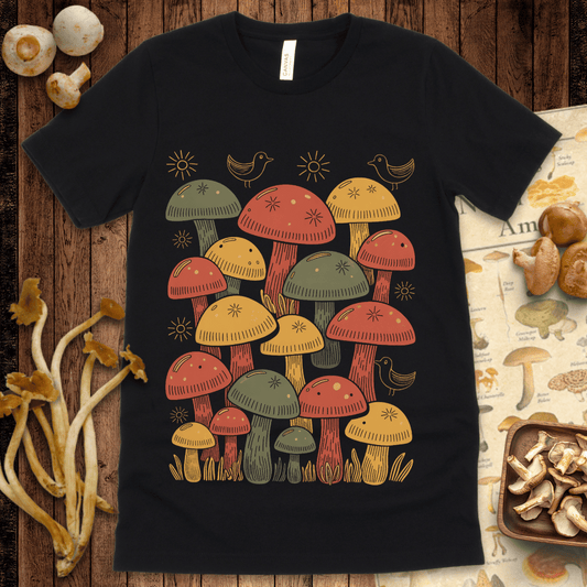 Whimsical mushroom forest in warm red, yellow, and green with playful birds and sun motifs on a black background