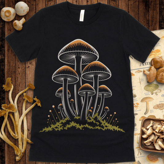 Cluster of mushrooms with glowing orange caps and white outlines growing from mossy ground in a bold, graphic style