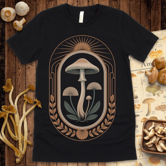 Ornate mushroom illustration framed by sun rays and laurel leaves in a vintage art deco and botanical style on black background