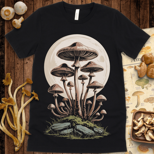 Cluster of tall mushrooms growing from mossy rocks under a glowing full moon with earthy, vintage-style detailing