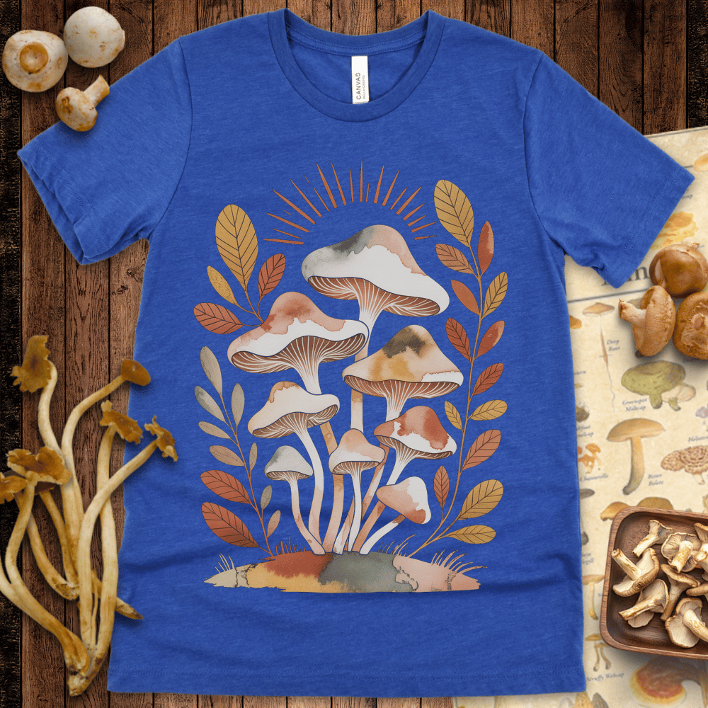 Watercolor-style mushrooms in warm autumn tones surrounded by golden leaves and radiating sun rays in a peaceful forest design on black background