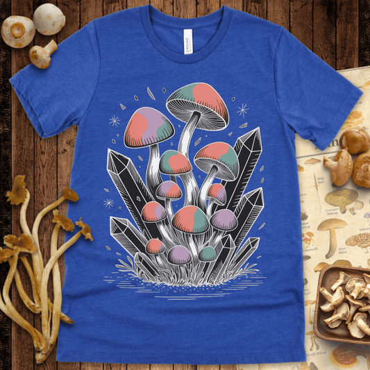 Hand-drawn mushrooms with pastel caps growing among white crystal shards in a cosmic fantasy style