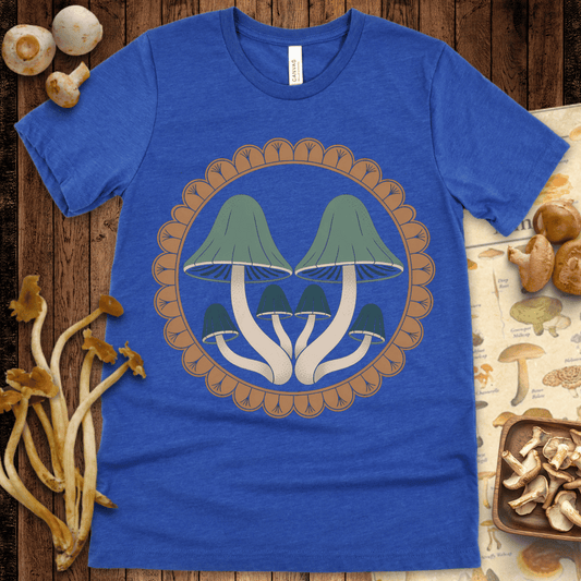 Illustrated mushroom cluster inside a decorative scalloped crest on black background