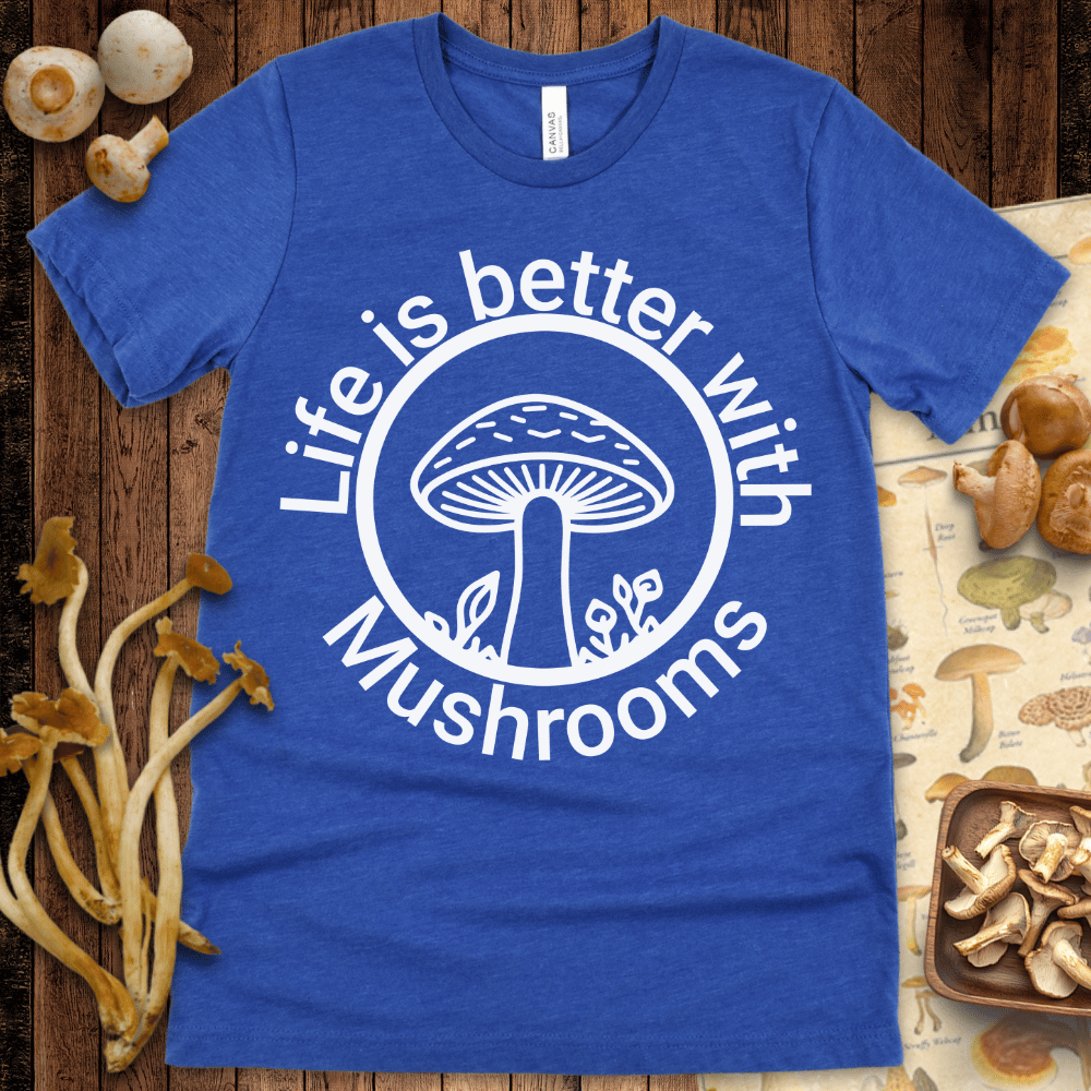 Black and white graphic with a stylized mushroom inside a circle and the phrase “Life is better with Mushrooms” wrapping around the design