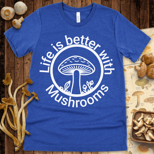 Black and white graphic with a stylized mushroom inside a circle and the phrase “Life is better with Mushrooms” wrapping around the design