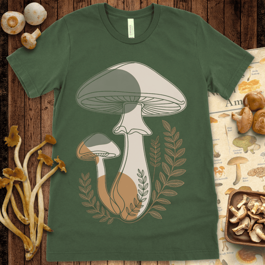 Stylized line-art mushrooms with muted earthtone shapes and delicate leaves in a minimalist modern design on black background