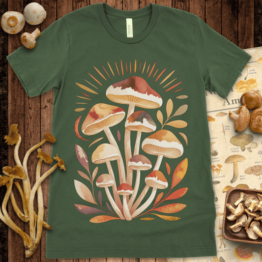 Watercolor mushrooms in warm autumn hues with radiating sun rays and botanical leaves in an earthy, hand-painted style on black background