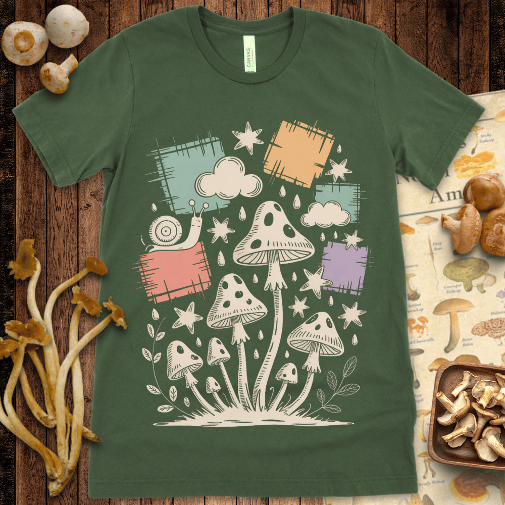 Whimsical doodle-style illustration of mushrooms with black spots, pastel stars, clouds, raindrops, and a snail