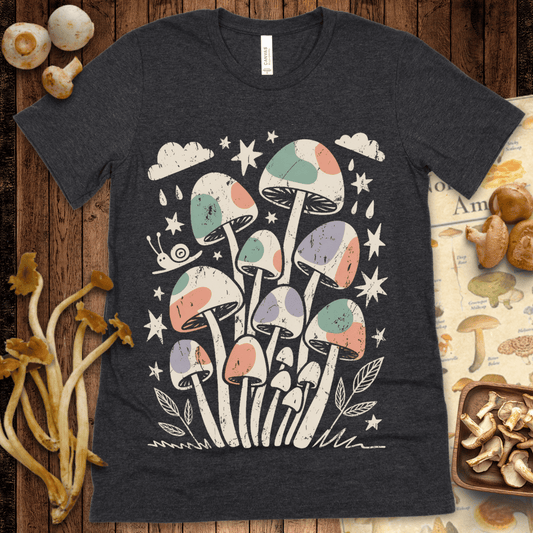 Vintage-style pastel mushroom cluster with clouds, stars, raindrops, and a snail in a whimsical nature scene