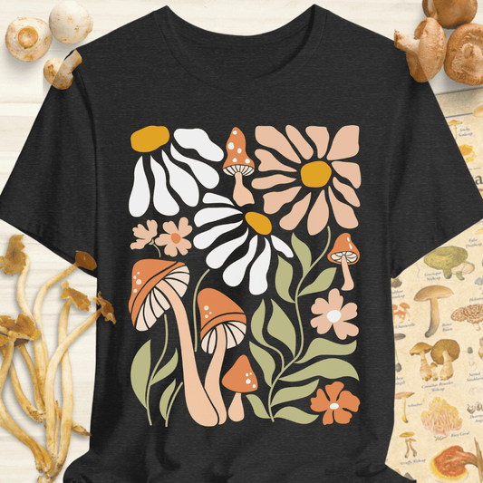 Boho Shroom & Flower Tee Dark Grey