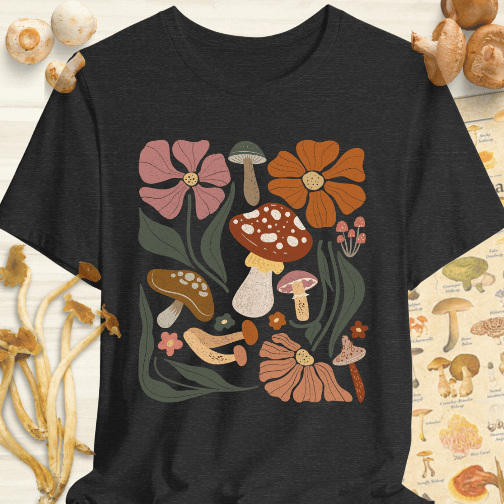 Boho Shroom & Flower Tee Dark Grey