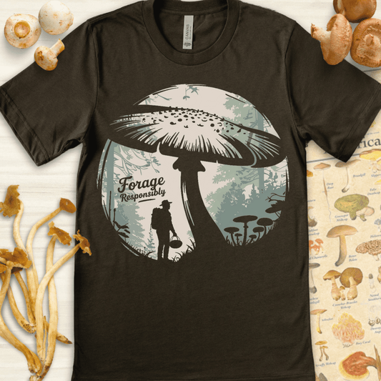 Silhouette of a hiker carrying a basket under a giant mushroom with the phrase “Forage Responsibly” in a forest-themed circular design.