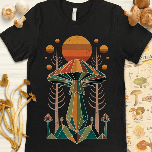 Geometric-style mushroom design with vintage sunset colors, orb shapes, and symmetrical tree elements in a cosmic, abstract layout.