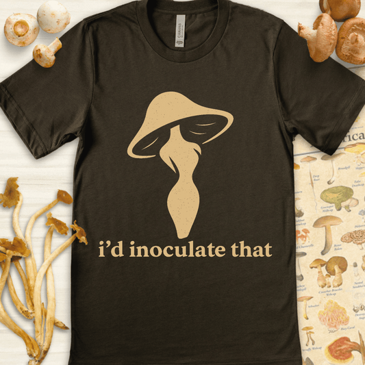 Tan mushroom graphic resembling a curvy silhouette above the phrase “i’d inoculate that” on a black background.
