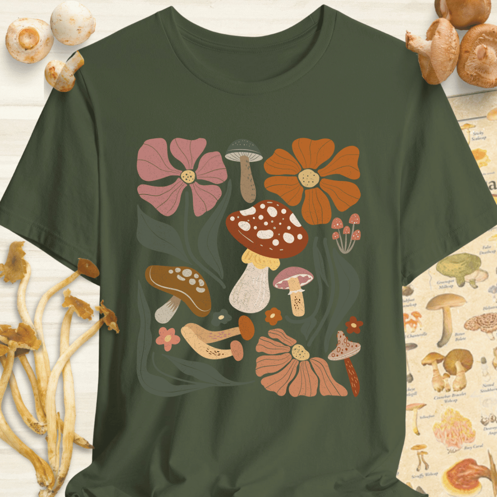 Boho Shroom & Flower Tee Dark Green