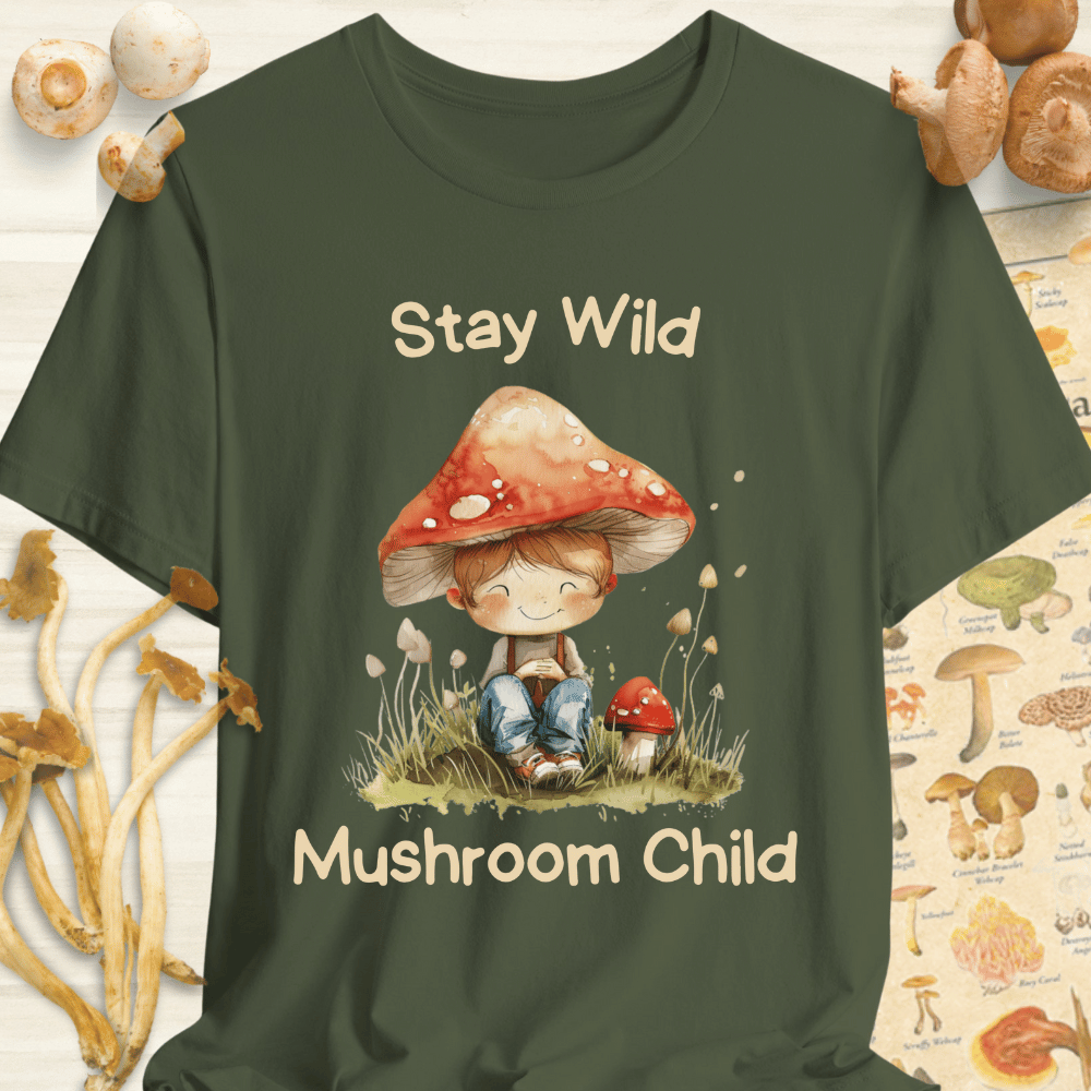 Stay Wild Mushroom Child Tee Dark Green