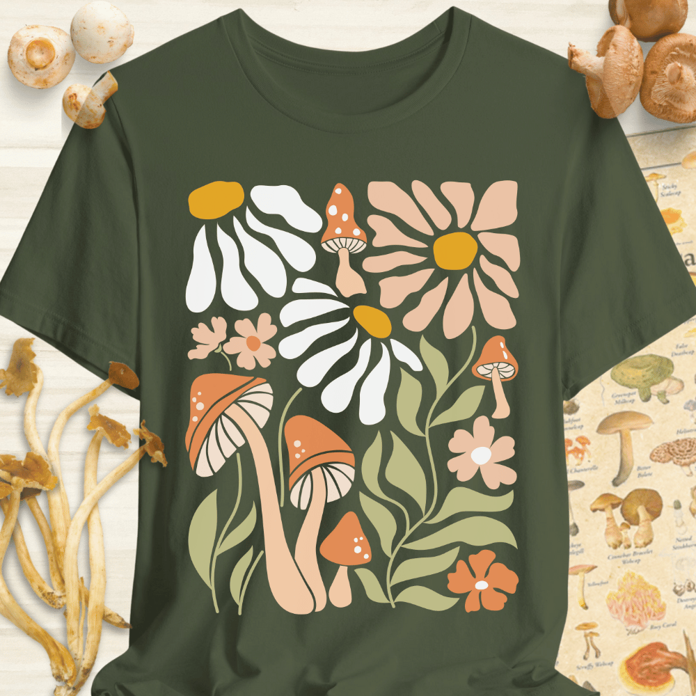 Boho Shroom & Flower Tee Dark Green