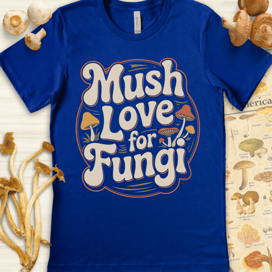 Retro-style illustration with the words “Mush Love for Fungi” in bold lettering surrounded by colorful mushrooms and swirly accents.