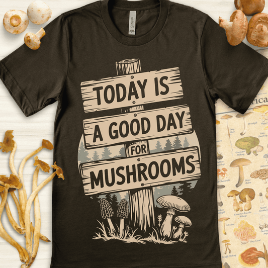 Illustration of wooden signs reading “Today is a Good Day for Mushrooms” with morels and other mushrooms at the base and pine trees in the background.
