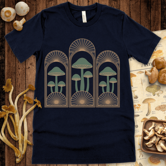 Art Deco-style mushrooms framed in sunburst arches with a vintage botanical aesthetic