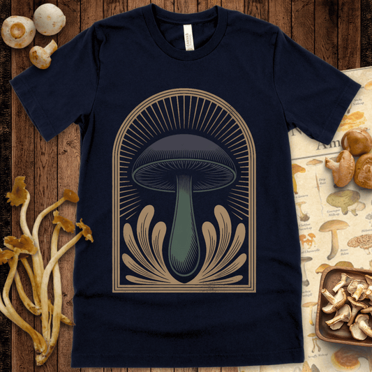 Stylized dark mushroom in an art deco arch with golden rays and leaf motifs on a black background