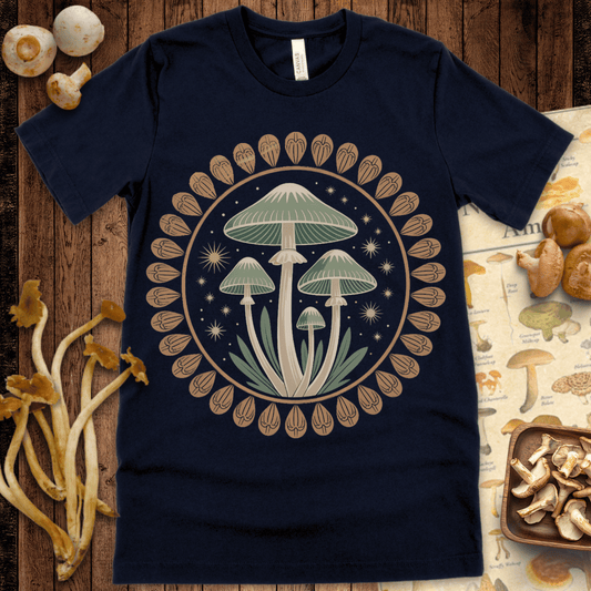 Illustration of green mushrooms with starry night background and circular seed pod border