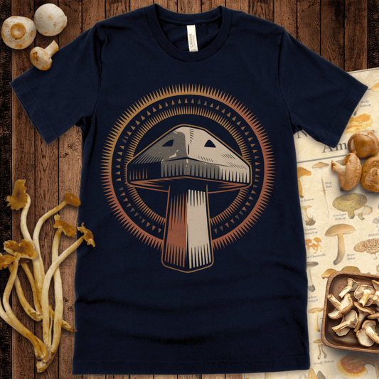 Stylized mushroom with tribal geometric sunburst pattern in earthy tones on black background