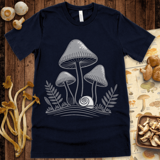 Minimalist line art of tall mushrooms, leafy ferns, and a snail in a serene forest scene with black and white sketch style