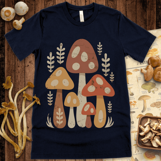 Group of retro-style spotted mushrooms in warm autumn colors with distressed texture on black background