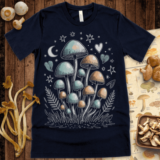Pastel mushrooms in mint and peach surrounded by stars, hearts, moon, and doodle-style ferns on a black background in a whimsical night scene