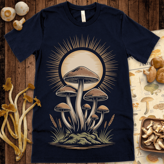 Illustration of tall mushrooms growing from mossy ground, backlit by a large glowing sunburst with vintage-style rays