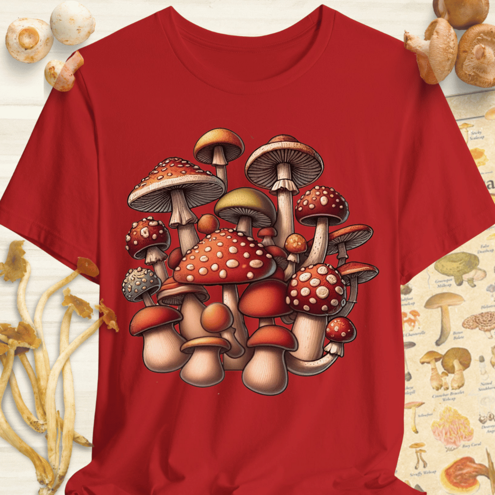 Vibrant Mushroom Collage Tee Red