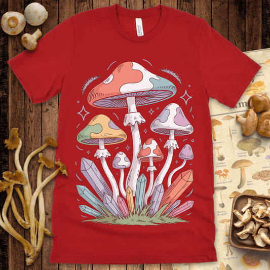 Pastel-colored mushrooms growing from a bed of rainbow crystals with sparkles in a cosmic fantasy style