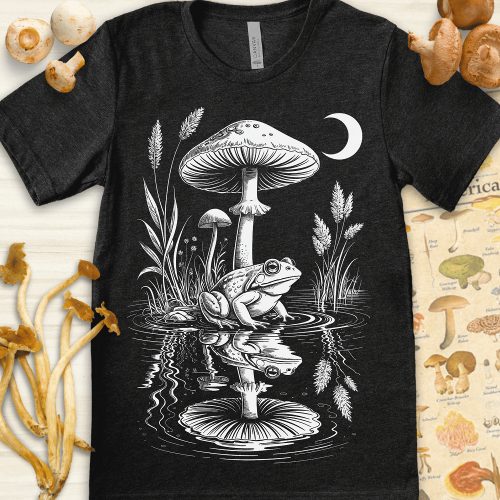 Surreal black and white drawing of a frog sitting beneath mushrooms at night, reflected in a pond under a crescent moon.