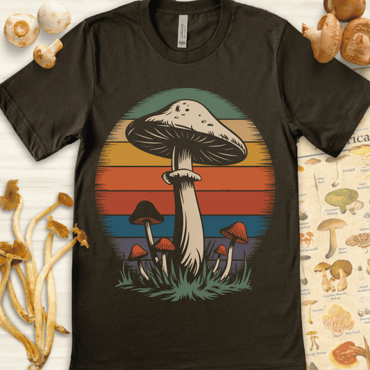 Retro-style illustration of large mushrooms with a sunset-striped background in warm vintage tones.