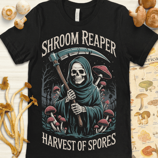 Illustration of the grim reaper surrounded by red mushrooms holding a scythe, with the words “Shroom Reaper - Harvest of Spores.”