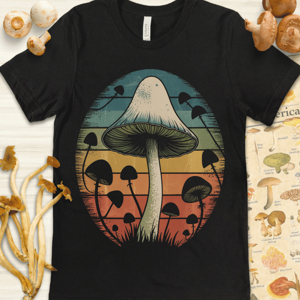 Vintage-style illustration of a large central mushroom with silhouetted fungi in front of a retro rainbow-striped background.