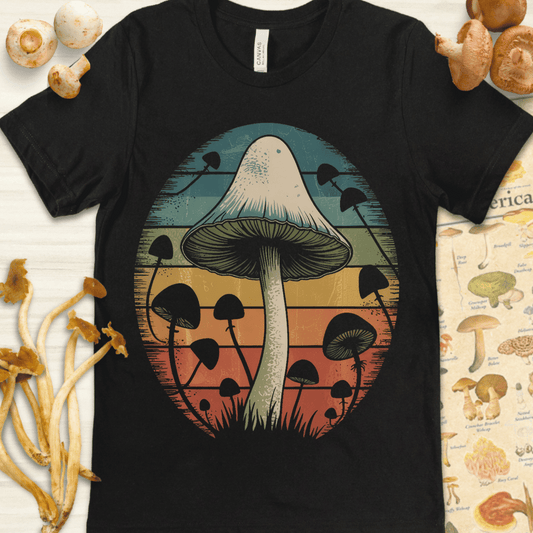 Vintage-style illustration of a large central mushroom with silhouetted fungi in front of a retro rainbow-striped background.