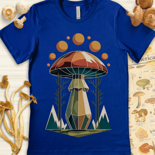 Geometric illustration of a large mushroom shaped like a temple, with orbiting suns and angular trees and mountains in a stylized cosmic design.